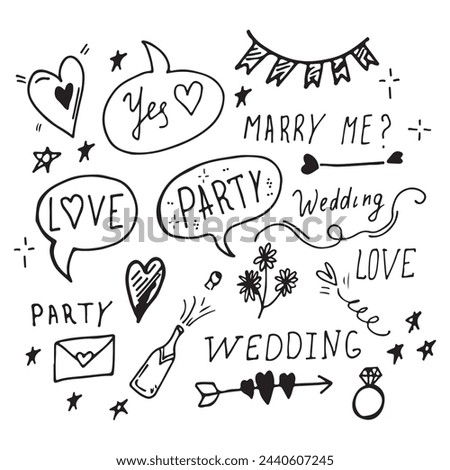 Great wedding set line art graphics. Wedding elements, calligraphy text isolated on a white background. Doodling is a celebration.