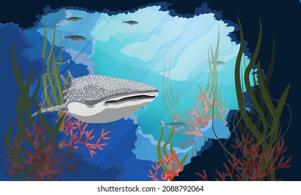 The great whale shark Rhincodon swims into a deep dark cave near a coral reef. Giant fish of the World Ocean. Realistic vector underwater landscape