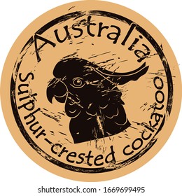 Great white cockatoo bird head silhouette icon round shabby emblem design old retro style. Greater white-crested cockatoo logo mail stamp on craft paper vintage grunge sign. Sulphur crested cockatoo