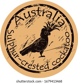 Great white cockatoo bird silhouette icon round shabby emblem design old retro style. Greater white-crested cockatoo logo mail stamp on craft paper vintage grunge sign. Sulphur crested cockatoo