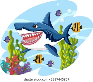 A great white shark with big teeth smiling and swimming underwater with coral and other fish in a vector cartoon illustration style illustration