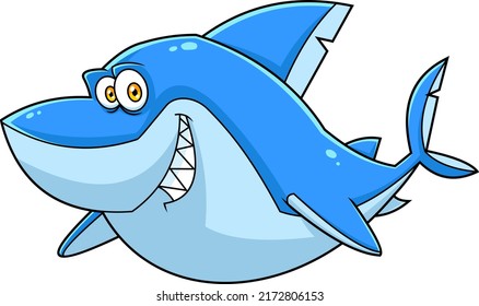 Great White Shark Cartoon Character. Vector Hand Drawn Illustration Isolated On White Background