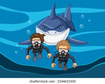 Great white shark and divers in the water illustration