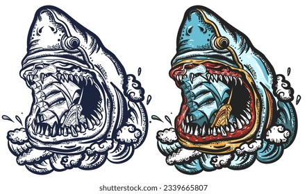 Great white shark and drowned ship. Underwater life. Old school tattoo vector collection. Hand drawn graphic. Isolated on white. Traditional flash tattooing