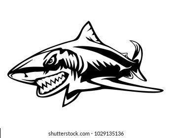 Great white shark fishing logo. Strong shark sports mascot emblem. Angry shark fish vector background.