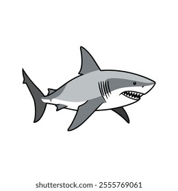 Great White Shark Flat Vector Illustration, Simple Stylized Design, Sleek Gray Body, Minimalist Look, Clean Lines, White Background