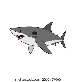 Great White Shark Flat Vector Illustration, Simple Stylized Design, Sleek Gray Body, Minimalist Look, Clean Lines, White Background