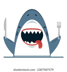 Great white shark holding spoon and fork