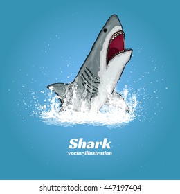 Great white shark jumping out of the water t-shirt print shark attack vector illustration 