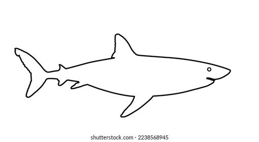 Great white shark line contour vector silhouette illustration isolated white background. Sea predator. Danger on beach alert. Open jaws beast. Divers and swimmers fear. Under water alert ocean killer