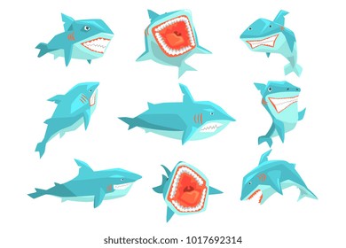 Great White Shark Marine Fish Living In Warm Sea Waters Realistic Cartoon Character Vector Set Of Different Views Illustrations