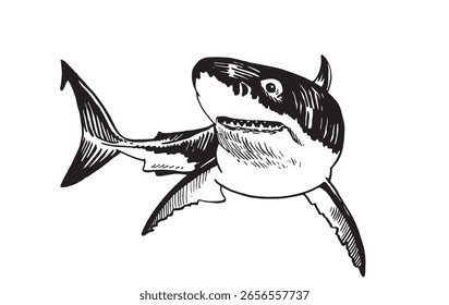 Great white shark on white background, graphical illustration. Vector 