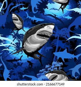 Great White Shark on Surreal Jurassic Underwater Fantasy Lanscape Vector Seamless Textile Pattern