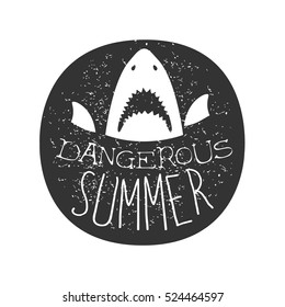 Great White Shark With Open Mouth Summer Surf Club Black And White Stamp With Dangerous Animal Silhouette Template