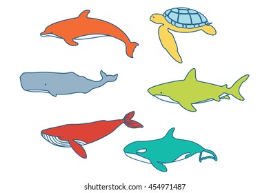 Great White Shark, Sea Turtle, Atlantic Bottlenose Dolphin and Whales. Vector illustration. Isolated on a White background.