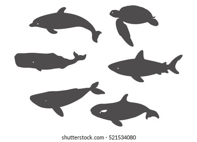 Great White Shark, Sea Turtle, Atlantic Bottlenose Dolphin and Whales. Vector illustration. Isolated on a White background.