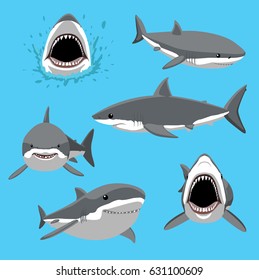 Great White Shark Six Poses Cartoon Vector Illustration