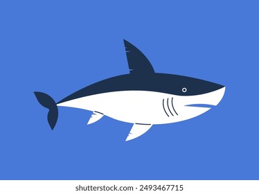 Great white shark swimming. Cartoon big fish predator, marine wildlife, ocean or sea fauna, underwater animal. Vector flat illustration isolated on blue background