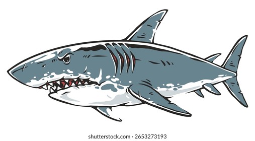 A great white shark swims gracefully through deep blue waters. Its powerful body and sharp teeth are highlighted showcasing the beauty and strength of this apex predator.