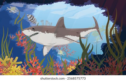 Great white shark swims near underwater grotto with corals and seaweed. Realistic vector landscape