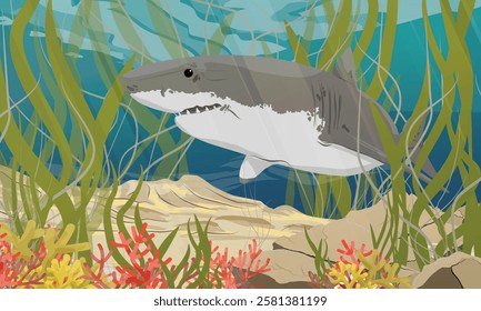 Great white shark swims near the sea bottom covered with corals and algae. Realistic vector landscape