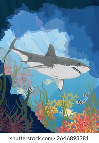 Great white shark swims in the ocean. Underwater grotto with corals and seaweed. Realistic vector vertical landscape
