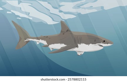 Great white shark swims in the water. Realistic vector landscape