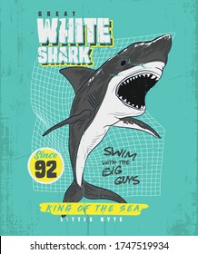 Great White Shark Tee Design. Wild Sea Typography Graphics. T-shirt Printing Design For Sportswear Apparel. CA Original Wear. Concept In Sea Graphic Style For Print Production Vector Shark Surfing.  