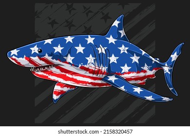 Great white shark with USA flag pattern for 4th of July, American independence day and Veterans day