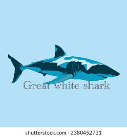 gran ilustración vectorial de tiburón blanco con letras en fondo azul