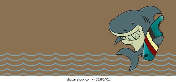 The great white surfer.Funny looking surfer shark cartoon character.Horizontal banner design