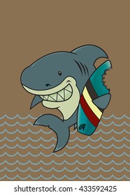 The great white surfer.Funny looking surfer shark cartoon character.Vector illustration