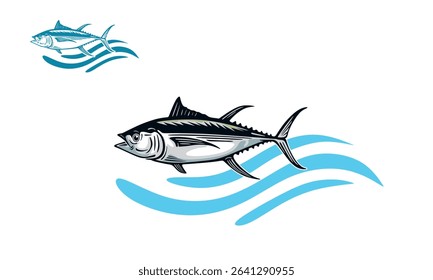 great wild tuna swimming logo, silhouette of big blue fin vector illustrations
