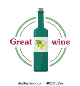Great wine botlle with white wine isolated. Check elite vintage light wine. Winemaking concept. Vine icon or symbol. Part of series of viniculture production and preparation items. Vector