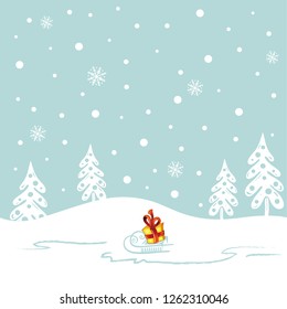 Great winter landscape with sleigh, gift, snow, snowflakes, fir trees and stars. Winter, ice and snow.