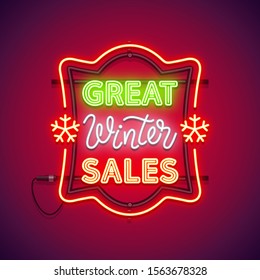 Great winter sales Christmas glowing neon sign in red frame with slowflakes. Greeting card. Vector poster illustration for your holiday projects in retro-futuristic style.