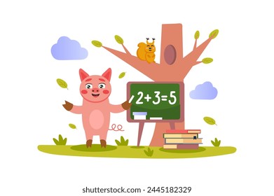Great work concept with character scene in flat cartoon design. A cute pig solves a math problem in front of the blackboard. Vector illustration.