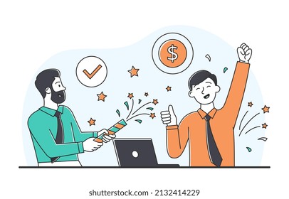 Great work concept. Men in office celebrating increase in profits, employees have made good deal. Teamwork, coworking and colleagues. Investors, financial literacy. Cartoon flat vector illustration