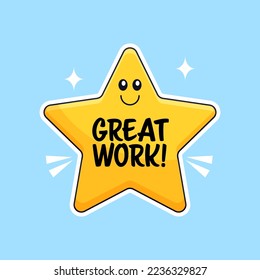 great work text inside golden star sticker with cute face vector outline illustration