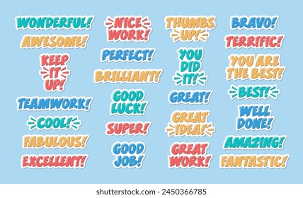 Great Work, Well Done Praise Complement Phrases Sticker Set. Motivational Inspirational Quotes for Good Work. Teamwork, Brilliant, Perfect, Super, Fabulous, Awesome Slogan Word.