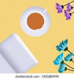 Gran fondo amarillo con café y libro para algunas ilustraciones comerciales