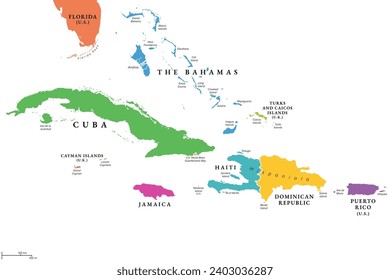 Greater Antilles in the Caribbean, multicolored political map. Grouping of larger islands in the Caribbean Sea, including Cuba, Hispaniola, Puerto Rico, Jamaica, Navassa Island and the Cayman Islands.