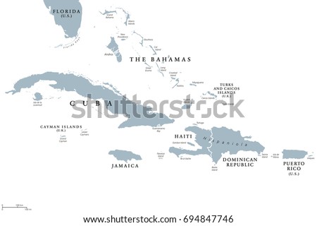 Greater Antilles political map with English labeling. Grouping of the larger islands in the Caribbean Sea with Cuba, Hispaniola, Puerto Rico, Jamaica and the Cayman Islands. Gray illustration. Vector.