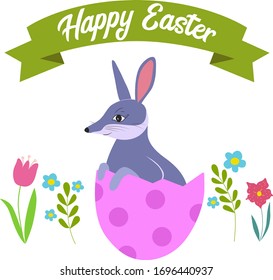 Сute greater bilby in Easter egg poster flat vector template. Rabbit eared bandicoot and flowers concept design with cartoon characters. Happy aussie Easter text illustration