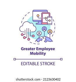 Greater employee mobility concept icon. Comfortable usage. UCaaS advantages abstract idea thin line illustration. Isolated outline drawing. Editable stroke. Arial, Myriad Pro-Bold fonts used