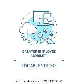 Greater employee mobility turquoise concept icon. Comfortable usage. UCaaS advantages abstract idea thin line illustration. Isolated outline drawing. Editable stroke. Arial, Myriad Pro-Bold fonts used