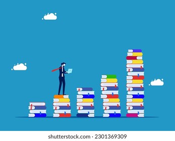 Greater knowledge or progress in learning. Businessman with laptop on growing stack of books