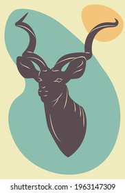 The greater kudu antelope cartoon vector illustration. African animal retro poster. Anteope vector silhouette.