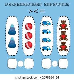 ​​Which is greater, less or equal game with colorful toys. Worksheet for preschool kids, kids activity sheet, printable worksheet
