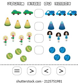 ​​Which is greater, less or equal game with colorful toys. Worksheet for preschool kids, kids activity sheet, printable worksheet
